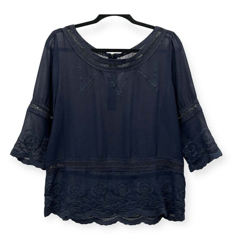 Navy sheer embroidered lace blouse size medium